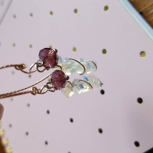 Handmade Earrings - Moonstone Chips & Dark Lilac Crystal Rondelle - EUC - Picture 5 of 7